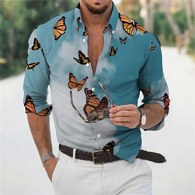 

Men's Shirt 3D Print Butterfly Animal Turndown Casual Daily 3D Print Button-Down Long Sleeve Tops Casual Fashion Designer Comfortable Blue