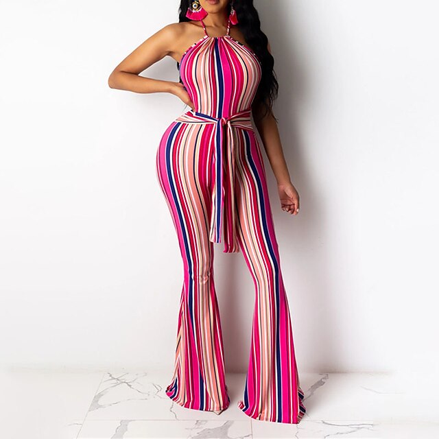 

Women's Jumpsuit Backless Lace up Striped Halter Neck Casual Daily Street Casual Regular Fit Sleeveless Blue Pink Orange S M L Spring
