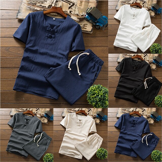 

Men's Set T shirt Solid Color Round Neck Vacation Short Sleeve Tops 2pcs Simple Retro White Black Gray