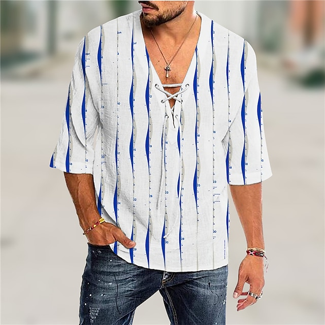 

Men's Shirt 3D Print Striped V Neck Casual Daily 3D Print Drawstring 3/4 Length Sleeve Tops Casual Fashion Designer Comfortable Blue / Sports