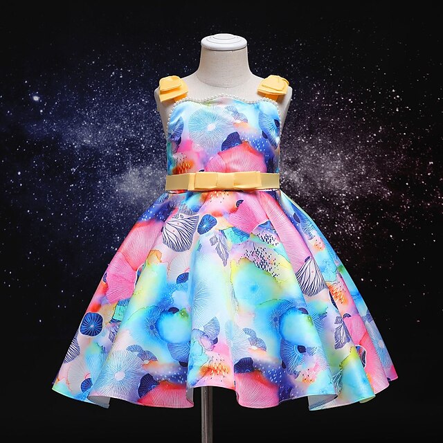 

Kids Little Girls' Dress colour Skater Dress Party Daily Beaded Bow Rainbow Midi Sleeveless Princess Cute Dresses Children's Day Spring Summer Slim 3-10 Years