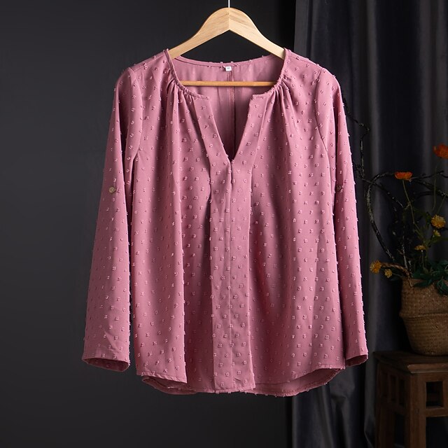 

Women's Plus Size Tops Blouse T shirt Plain Polka Dot Long Sleeve V Neck Vintage Daily Polyester Spring Pink