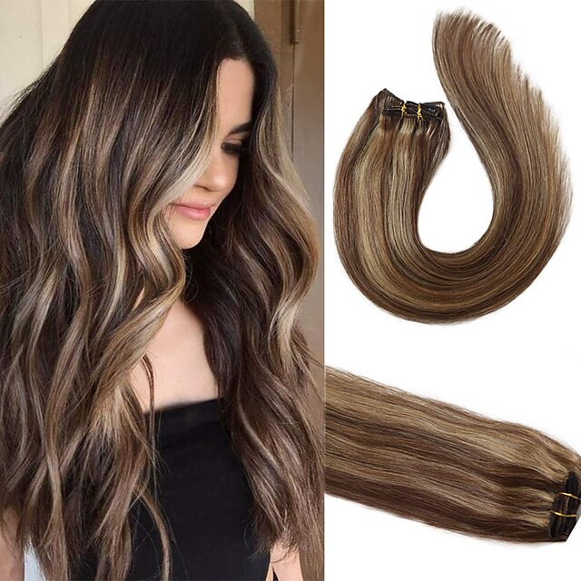 Clip In Hair Extensions Brown and Blonde Highlights Real Human Hair  Extensions 18 inches 70g Silky Straight Clip On Remy Balayage Hair Extension  Full Head 7 Pcs 9029282 2023 – $