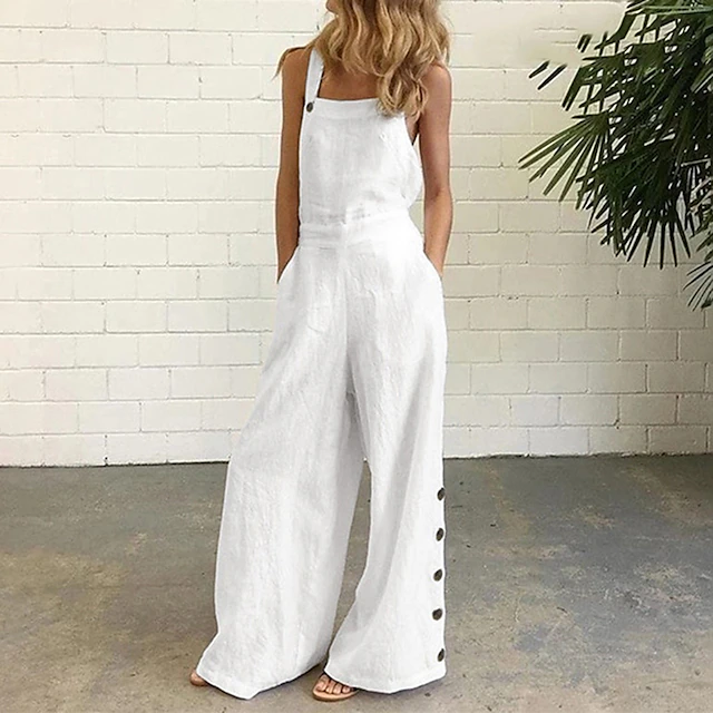 White Jumpsuits for Women Rompers Bib Slacks Wide Leg Full Length Pants Weekend Yoga Micro-elastic Plain Comfort Mid Waist Loose White Black Gray Khaki Navy Blue S M L XL XXL 6