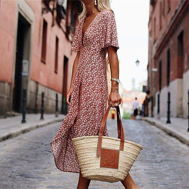 

Women's A Line Dress Midi Dress Red Short Sleeve Floral Split Print Spring Summer V Neck Work Casual Vacation 2022 S M L XL XXL
