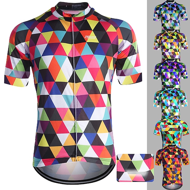  21Grams Men's Cycling Jersey Short Sleeve Bike Jersey Top with 3 Rear Pockets Mountain Bike MTB Road Bike Cycling Breathable Front Zipper Quick Dry Back Pocket Red / Green Blue Sky Blue Rainbow Plaid
