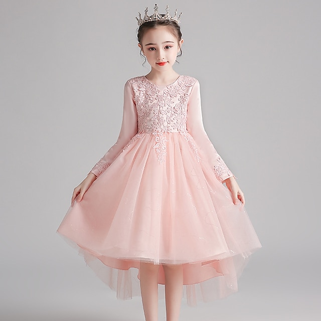 

Kids Little Girls' Dress Floral Flower A Line Dress Christening dress Embroidered Mesh Gray Pink Midi Long Sleeve Princess Sweet Dresses Fall Spring Regular Fit 3-12 Years