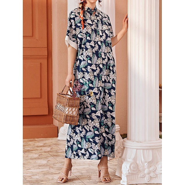 

Women's Floral Dress Maxi long Dress Dark Blue Beige Short Sleeve Floral Print Print Spring Summer Stand Collar Elegant Luxurious Elegant Casual 2022 S M L XL