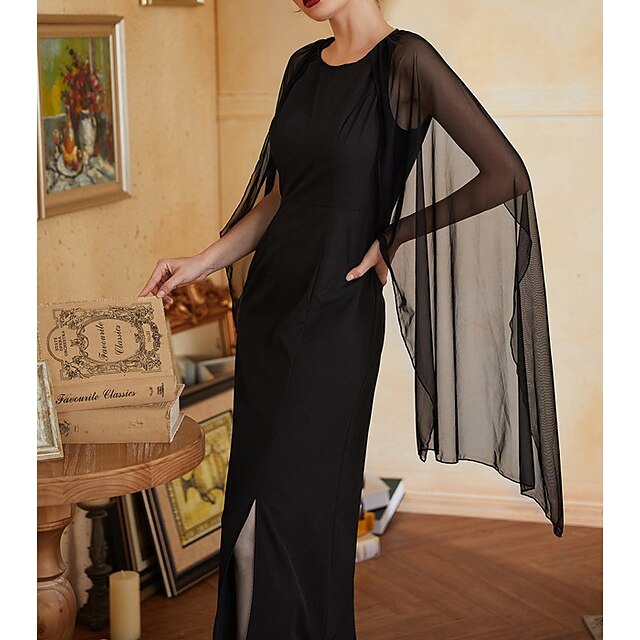 

Women's A Line Dress Maxi long Dress Black Long Sleeve Pure Color Chiffon Spring Summer Crew Neck Elegant Luxurious Elegant Butterfly Sleeve Mesh S M L XL / Party Dress