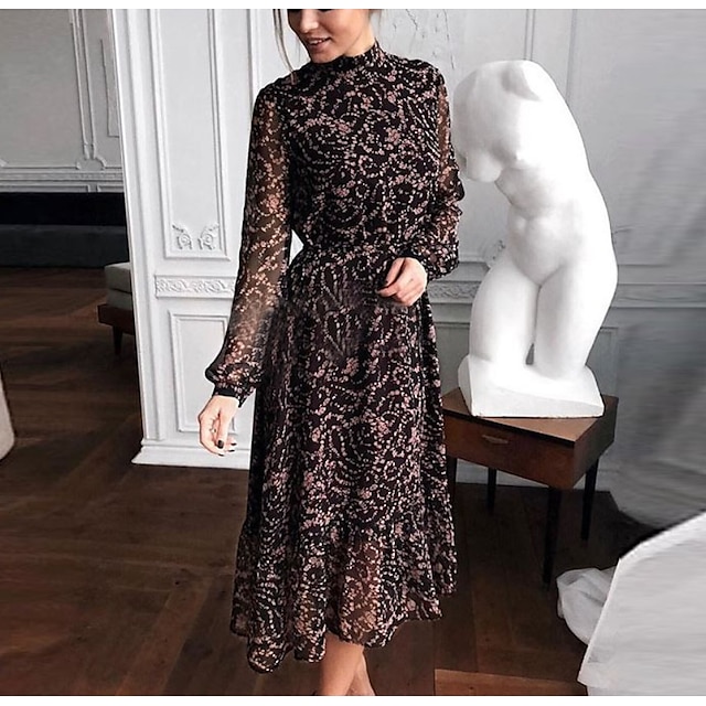 

Women's Sheath Dress Midi Dress Pink Long Sleeve Print Patchwork Print Fall Spring High Neck Stylish Work Elegant 2022 S M L XL
