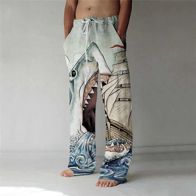 Men's Trousers Summer Pants Baggy Beach Pants Elastic Drawstring Design Front Pocket Straight Leg Shark Graphic Prints Comfort Soft Casual Daily For Vacation Linen Like Fabric Fashion Streetwear Blue4