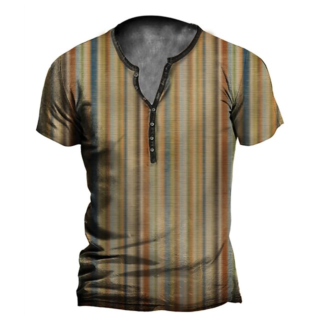 

Men's Henley Shirt T shirt 3D Print Striped Graphic Henley Casual Daily Button-Down Print Short Sleeve Tops Casual Vintage Classic Designer Brown