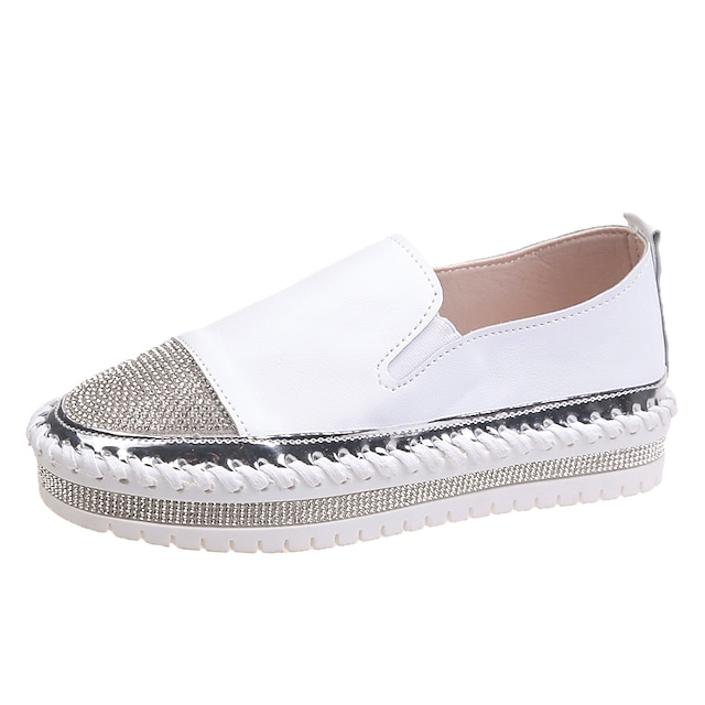 

Women's Loafers Rhinestone Sequin Flat Heel Round Toe Casual Daily PU Leather Loafer Spring Summer White Black