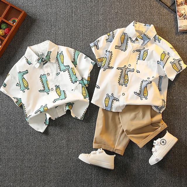 

Kids Boys Shirt Shorts Clothing Set 2 Pieces Short Sleeve Green Blue Cartoon Dinosaur Print Indoor Outdoor Casual Daily Regular 2-8 Years