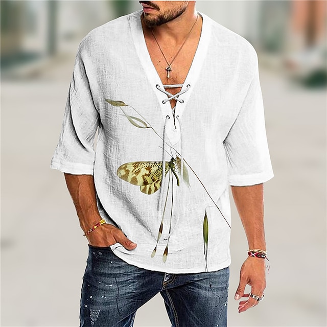 

Men's Shirt 3D Print Dragonfly Animal V Neck Casual Daily 3D Print Drawstring 3/4 Length Sleeve Tops Casual Fashion Designer Comfortable White Yellow