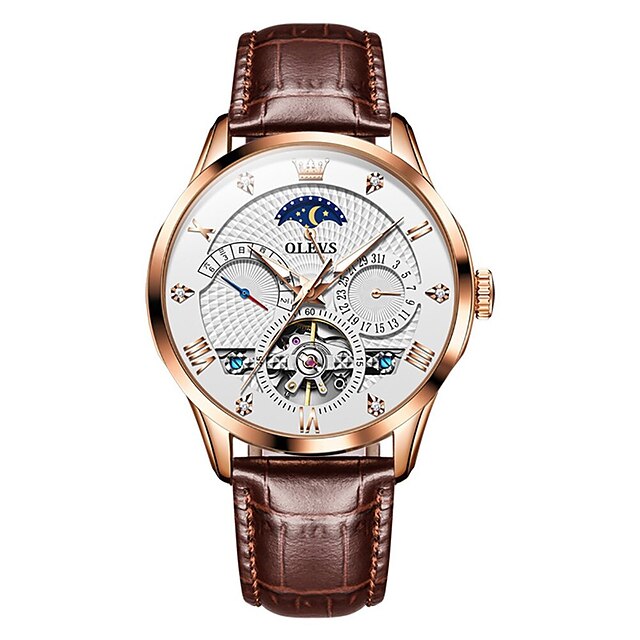 

OLEVS Mechanical Watch for Men Analog Automatic self-winding Luminous Classic Waterproof Calendar Noctilucent Alloy Genuine Leather Machine Moon Phase