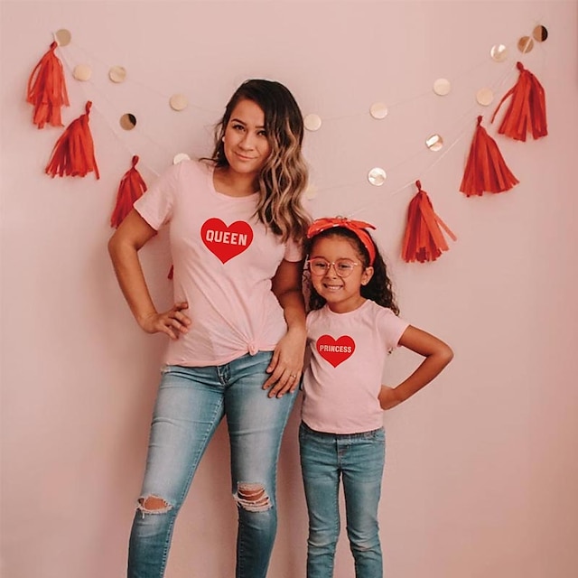 Baby & Kids Matching Outfits | Mommy and Me Valentines T shirt Tops Cotton Heart Letter Daily Print White Black Gray Short Sleev