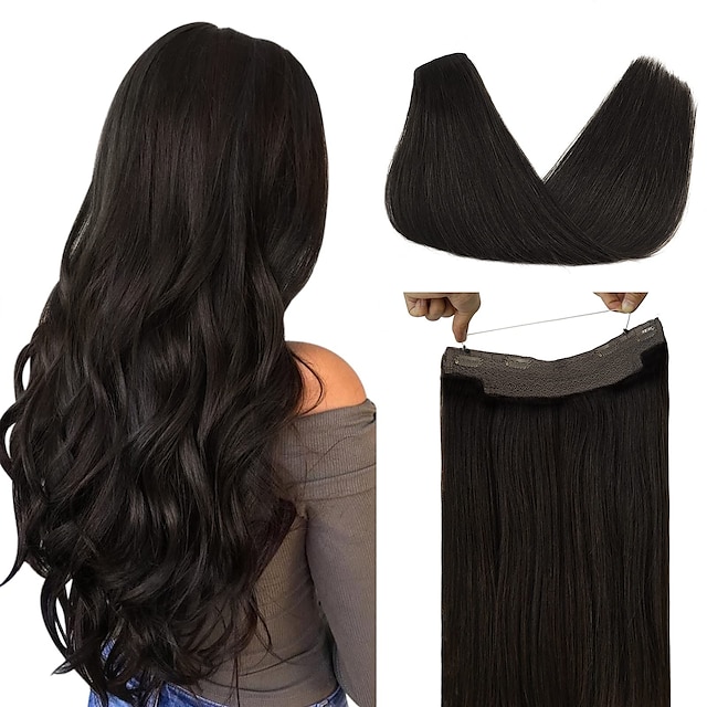  Clip In Halo Hair Extensions Human Hair 1PC Pack Straight Natural Multi-color Hair Extensions
