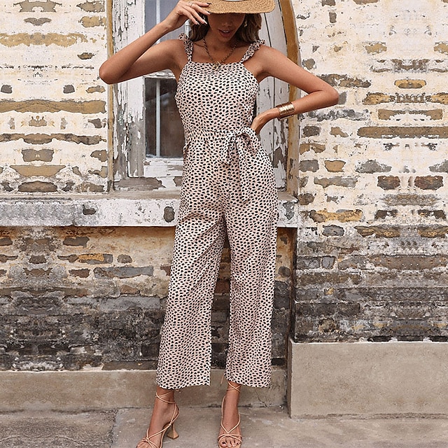 

Women's Jumpsuit Lace up Print Leopard Square Neck Casual Daily Street Casual Regular Fit Long Sleeve Khaki S M L Fall