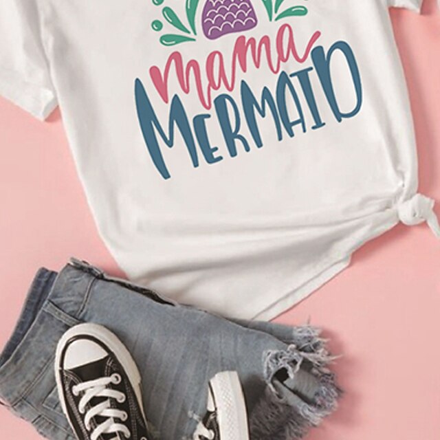 Baby & Kids Matching Outfits | Mommy and Me T shirt Tops Mermaid Letter Street Print White Short Sleeve Active Matching Outfits 