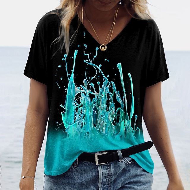 

Women's Abstract Painting T shirt Tie Dye Print V Neck Basic Tops Green Blue Pink / 3D Print