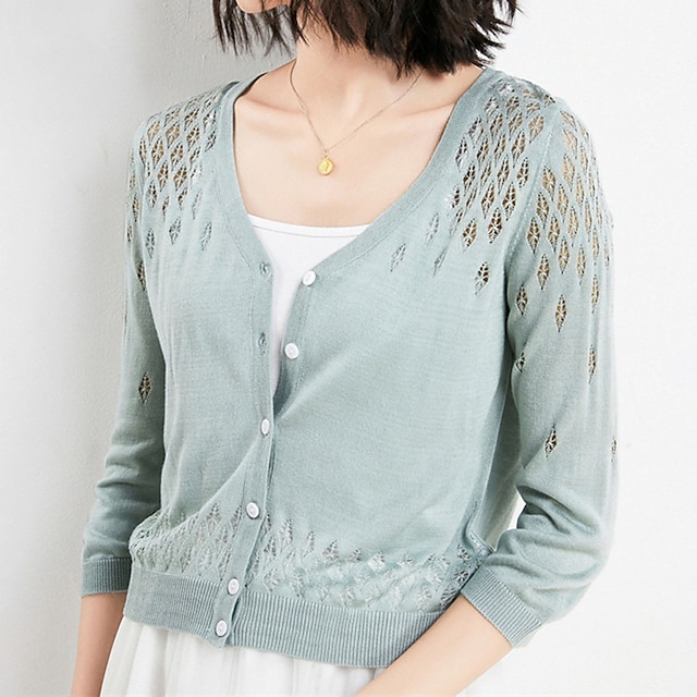 

Women's Poncho Sweater Hollow Out Knitted Button Pure Color Stylish Elegant Casual Long Sleeve Sweater Cardigans V Neck Spring Summer Green Blue White