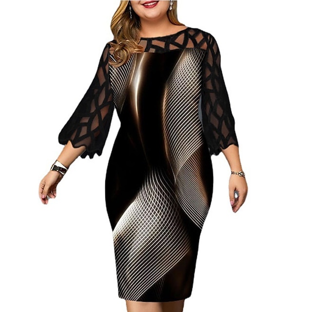 Womens Clothing Plus Size Collection | Womens Plus Size Sheath Dress Color Gradient Round Neck Print 3/4 Length Sleeve Spring Su