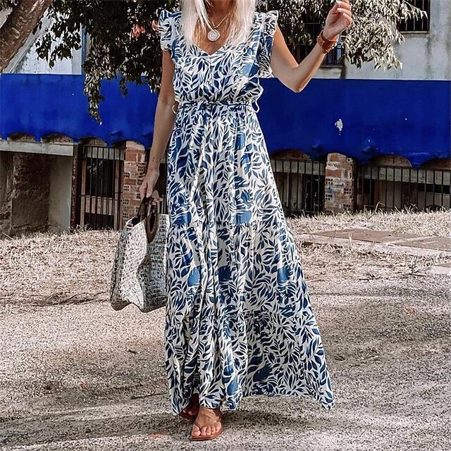 

Women's A Line Dress Maxi long Dress Blue Sleeveless Floral Print Spring Summer V Neck Casual Vacation 2022 S M L XL XXL