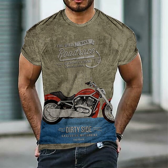 

Men's T shirt 3D Print Graphic Motorcycle Crew Neck Casual Daily Print Short Sleeve Tops Fashion Vintage Designer Big and Tall Army Green