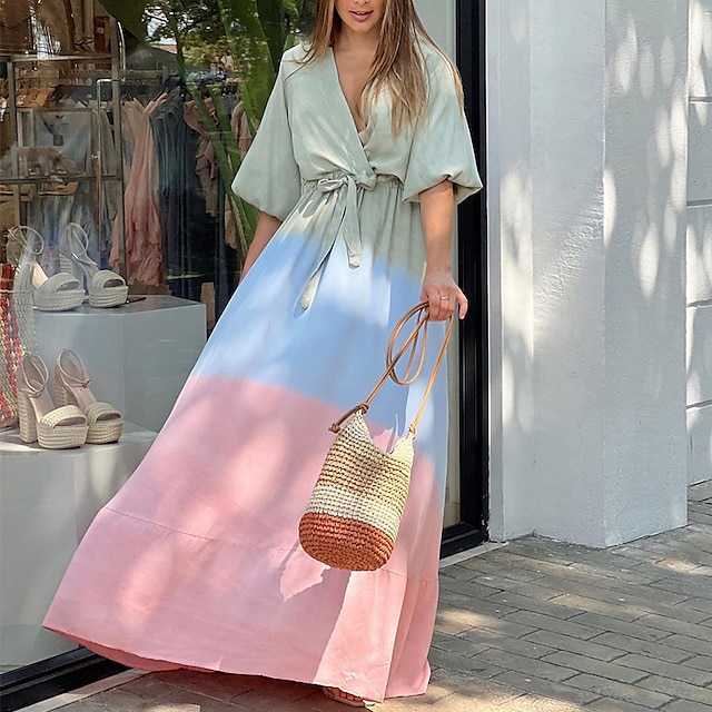 

Women's A Line Dress Maxi long Dress Pink Light Green Half Sleeve Color Block Lace up Print Spring Summer V Neck Elegant Vacation 2022 S M L XL