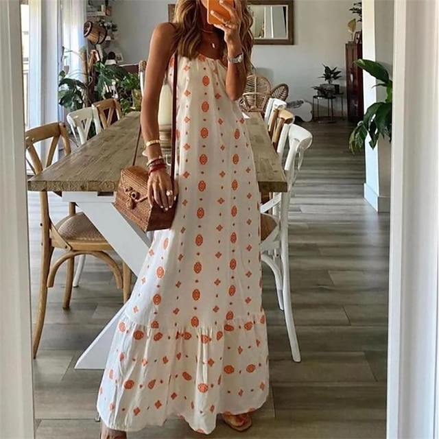 

Women's Slip Dress Maxi long Dress White Sleeveless Geometric Backless Print Spring Summer Spaghetti Strap Casual Vacation 2022 S M L XL XXL