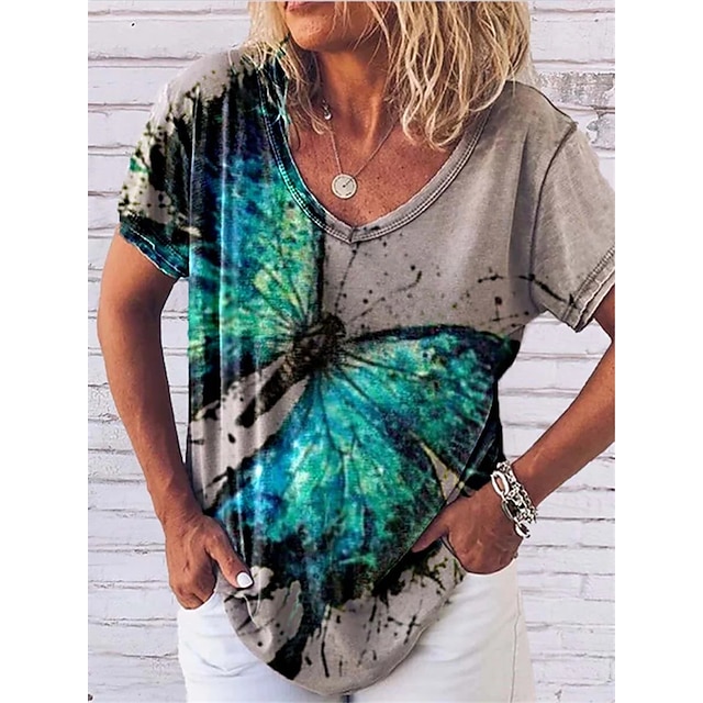

Women's Butterfly T shirt Butterfly Patchwork Print V Neck Basic Tops Khaki / 3D Print