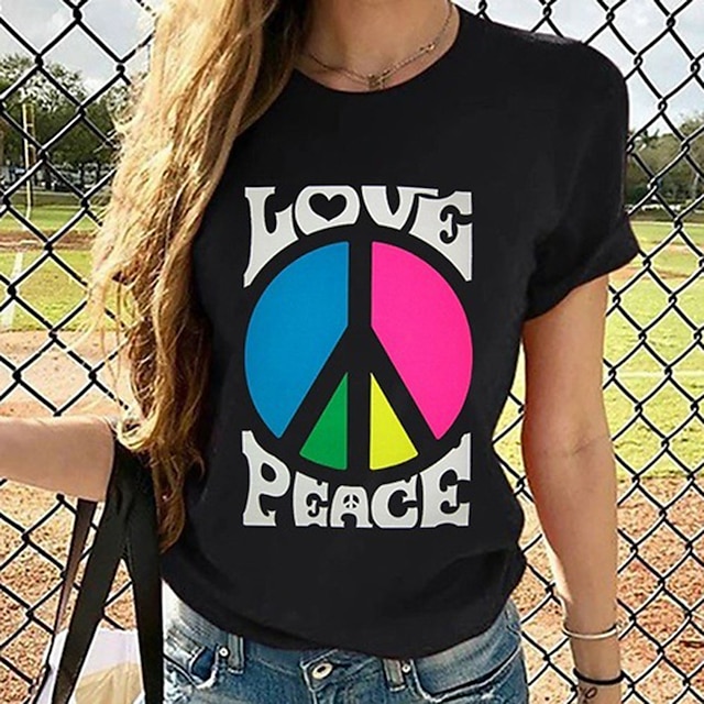 

Women's Painting T shirt Graphic Peace Love Print Round Neck Basic Tops Blue Black Purple