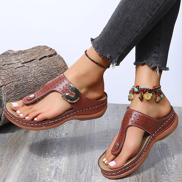  Women's Sandals Outdoor Daily Wedge Sandals Plus Size Summer Sequin Flat Heel Wedge Heel Open Toe Casual PU Leather Loafer Solid Colored Black Red Brown