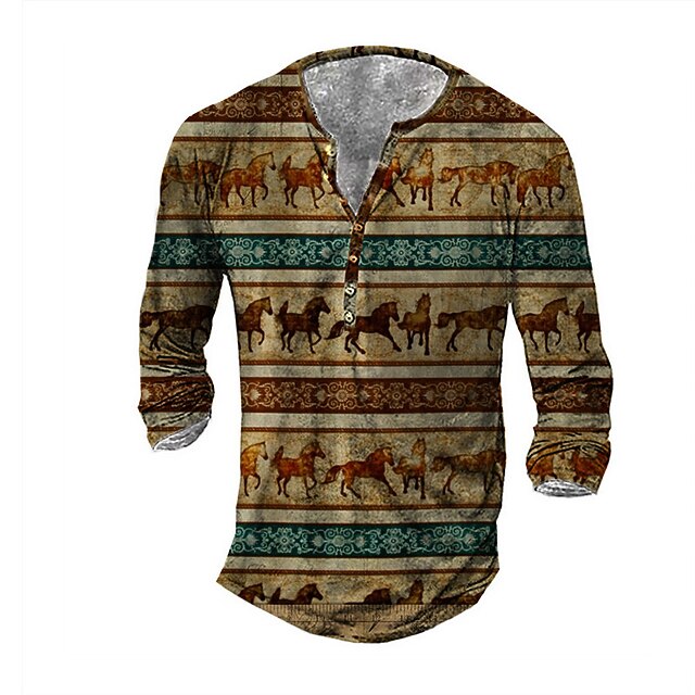 

Men's Henley Shirt Tee T shirt 3D Print Graphic Horse Plus Size Henley Daily Sports Button-Down Print Long Sleeve Tops Basic Casual Classic Designer Brown