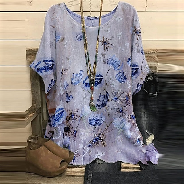 

Women's Plus Size Tops T shirt Floral Print Short Sleeve Crewneck Streetwear Daily Going out Cotton And Linen Spring Summer Green Blue