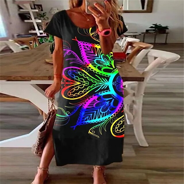 

Women's Shift Dress Midi Dress Black Short Sleeve Floral Print Spring Summer Round Neck Casual 2022 S M L XL XXL