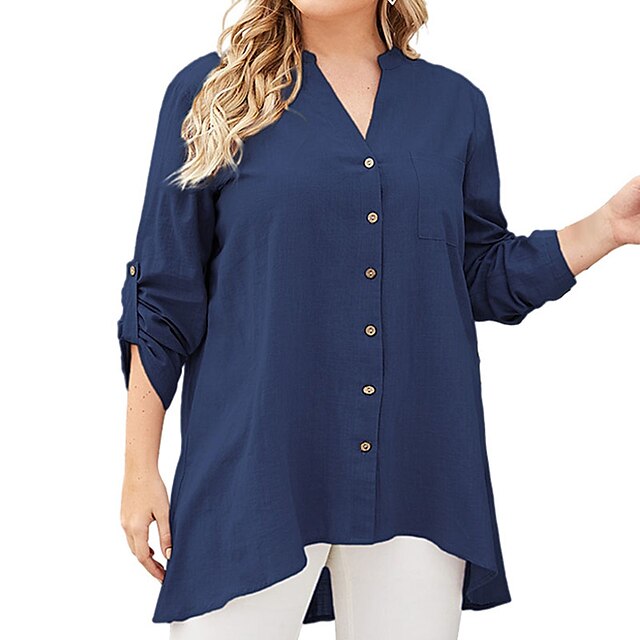 

Women's Plus Size Tops Blouse Shirt Plain Long Sleeve V Neck Streetwear Festival Daily Sports Polyester Spring Summer Navy Blue