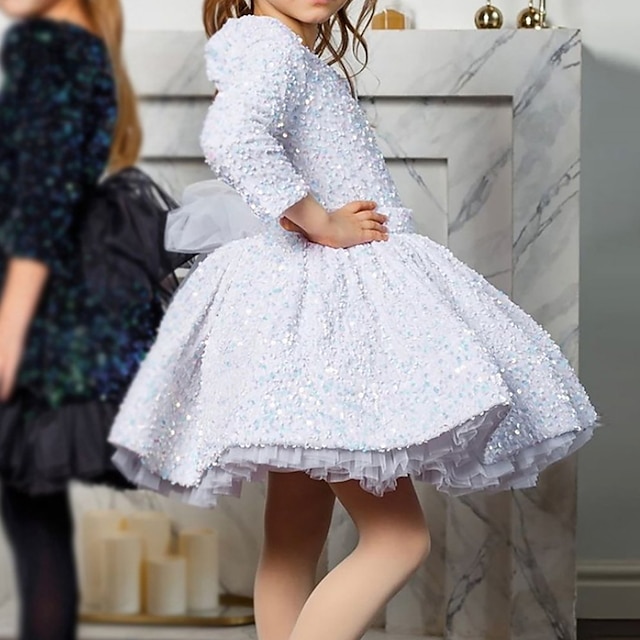 

Kids Little Girls' Dress Solid Colored A Line Dress Birthday Christening dress Sequins Pleated Mesh White Above Knee Long Sleeve Princess Cute Dresses Fall Summer Regular Fit 3-12 Years