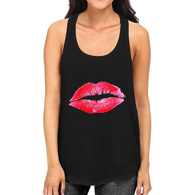 

Women's Tank Top Vest Mouth Print U Neck Casual Streetwear Tops White Black Gray