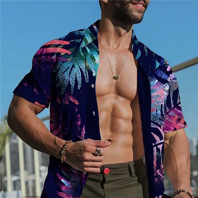 

Men's Shirt Leaves Turndown Street Casual Button-Down Print Short Sleeve Tops Casual Fashion Designer Breathable Navy Blue