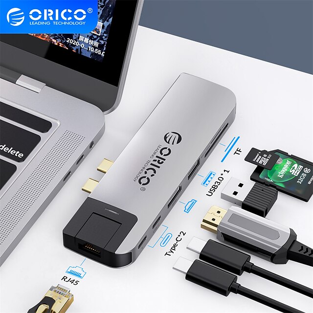 

ORICO USB Type C HUB Dual USB-C to 8K HDMI-Compatible RJ45 USB3.0 PD SD TF Reader for MacBook Pro Air Adapter Thunderbolt 3 Dock