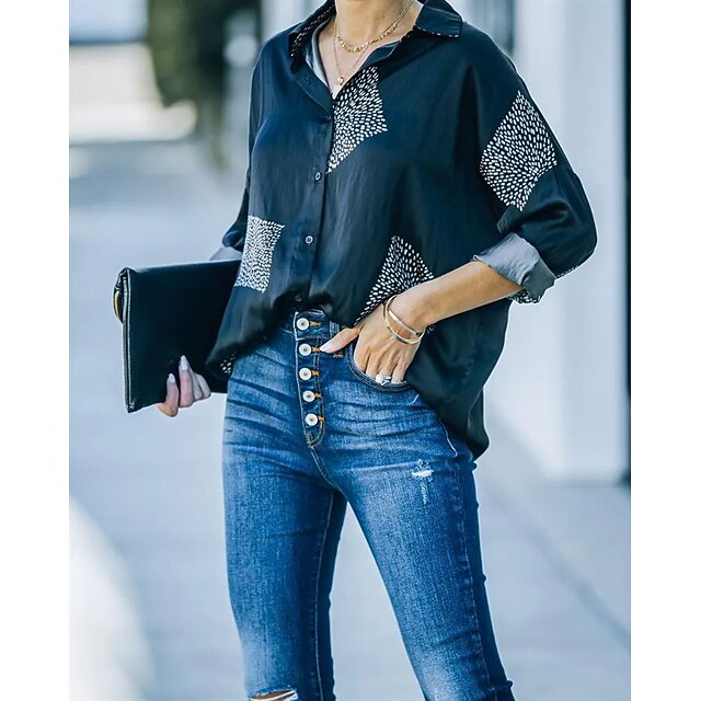 

Women's Blouse Shirt Polka Dot Button Print Shirt Collar Casual Streetwear Tops Black Orange