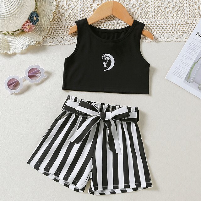 

Kids Girls' Tank Shorts Clothing Set 2 Pieces Sleeveless Black Cartoon Stripe Drawstring Print Street Indoor Outdoor Cute Sweet Regular 2-8 Years / Spring / Summer