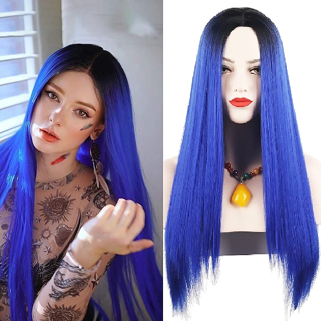 Beauty & Hair Wigs & Hair Pieces | Blue Wigs Long Straight Synthetic Hair Cosplay Wig Middle Part Ombre Blue with Dark Black Roo