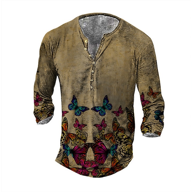 

Men's Henley Shirt Tee T shirt 3D Print Graphic Butterfly Plus Size Henley Daily Sports Button-Down Print Long Sleeve Tops Basic Casual Classic Designer Khaki