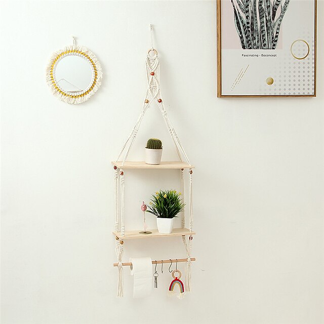 

Multi-purpose Cotton Rope Tapestry Shelf Hand-woven Wall Storage Two-layer Shelf Green Plant Potted Shelf Plant Potted Wall Hanging Shelf Tapestry Cotton Rope Hand-woven Wall Mural Storage Rack