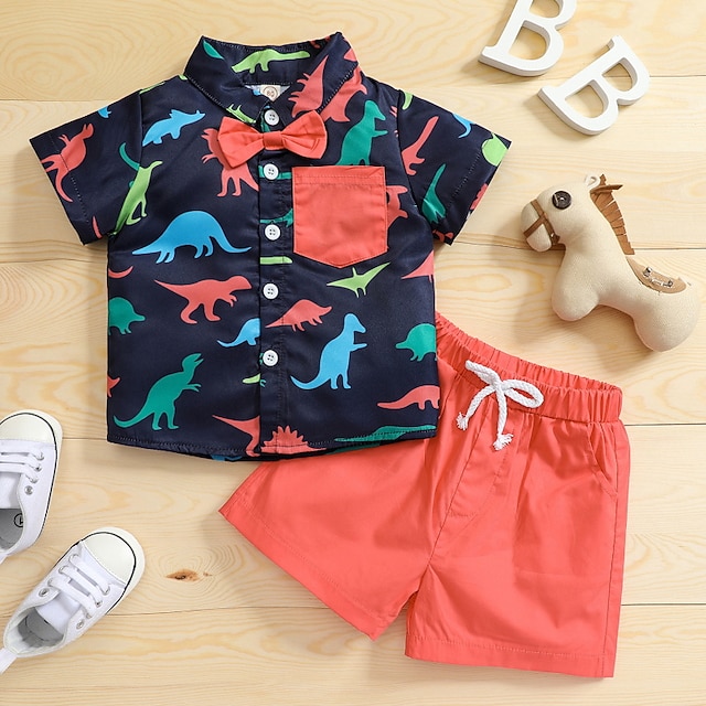

Kids Boys Shirt Shorts Clothing Set 3 Pieces Short Sleeve Green Navy Blue Light Blue Cartoon Dinosaur Animal Bow Print Cotton Vacation Outdoor Casual Daily Regular 1-5 Years / Spring / Summer