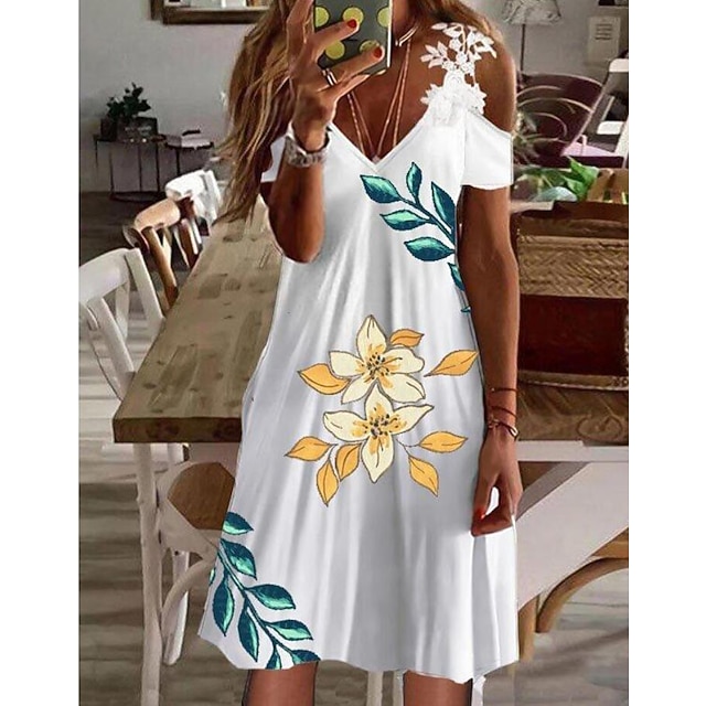 

Women's Shift Dress Short Mini Dress Green Yellow Short Sleeve Floral Print Summer V Neck Boho 2022 S M L XL XXL 3XL