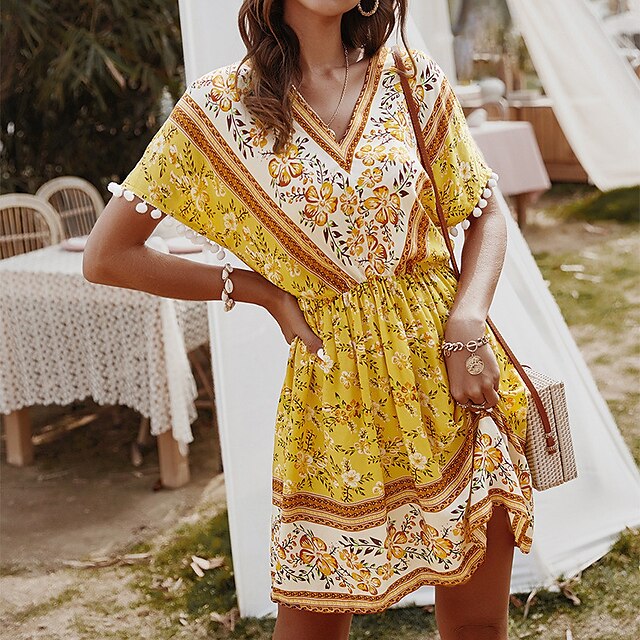 

Women's A Line Dress Short Mini Dress Green Blue Pink Yellow Beige Short Sleeve Floral Tassel Fringe Print Spring Summer V Neck Stylish Casual Vacation 2022 S M L XL XXL
